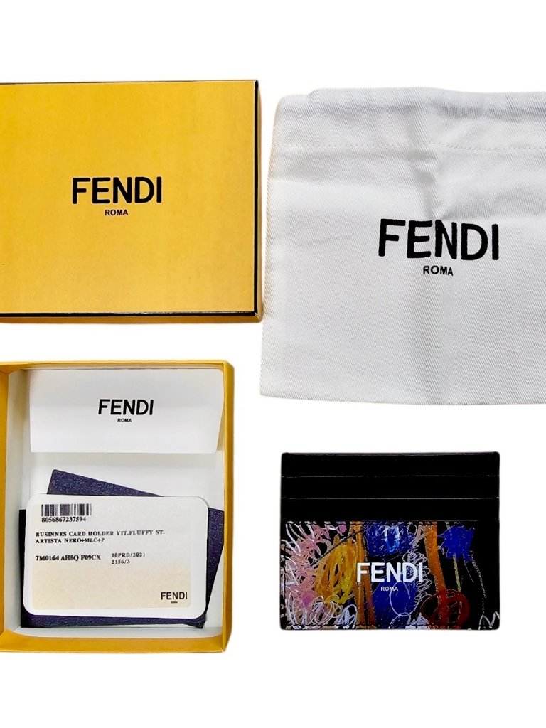 Fendi Card Holder Wallet Graffiti Fielding Print Leather Card Tags Case In Box